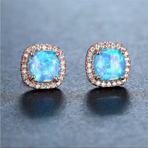 Blue Opal Rose Gold Diamond CZ Embellished Earrings Luxury New In Gift Box
